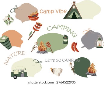 set of various abstract colored spots and camping-themed icons located next to them, for themed backgrounds, stickers or social networks