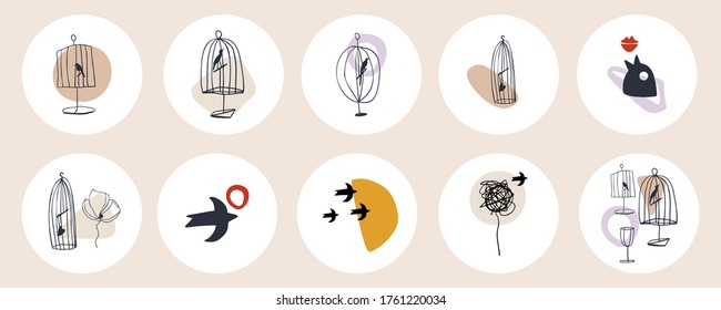 Eine Reihe von abstrakten Titelmarken für Social Media. Runde moderne Symbole in Pastellfarben. Handzeichnung von Vögeln, Vogelkäfigen, Flaschen, Gläsern und Formen