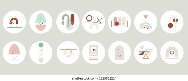 Set of various abstract cover highlights for social media. Round modern icons. Hand drawing women, birds, birdcages, bottles, glasses and shapes