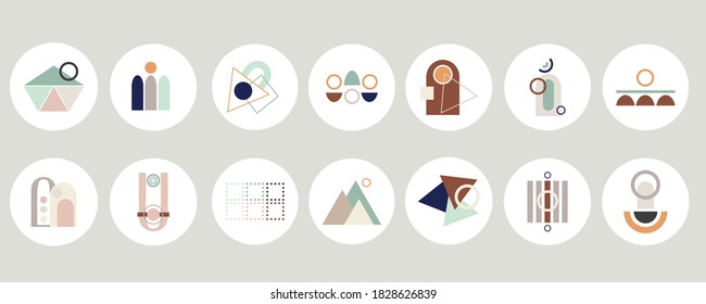 Set of various abstract cover highlights for social media. Round modern icons. Hand drawing women, birds, birdcages, bottles, glasses and shapes