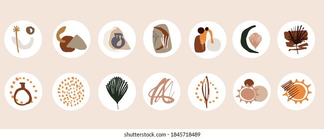 Set of various abstract cover highlights for social networks. Round modern icons. Bohemian design. Vector set of decorative elements in the boho style. Vases, plants, spots in warm shades