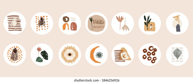 Set of various abstract cover highlights for social networks. Round modern icons. Bohemian design. Vector set of decorative elements in the boho style. Vases, plants, spots in warm shades