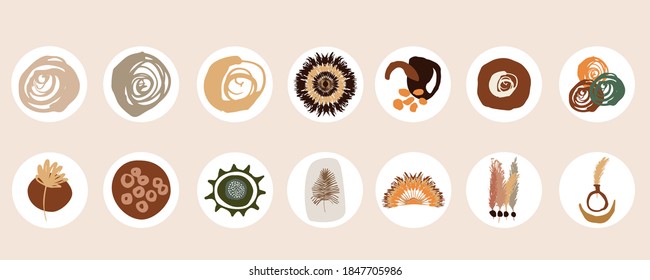 Set of various abstract cover highlights for social networks. Round modern icons. Bohemian design. Vector set of decorative elements in the boho style. Vases, plants, spots in warm shades.