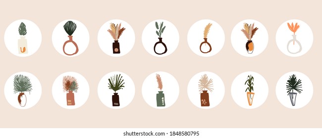 Set of various abstract cover highlights for social networks. Round modern icons. Bohemian design. Vector set of decorative elements in the boho style. Vases, plants, spots in warm shades.