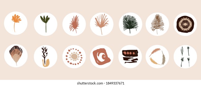 Set of various abstract cover highlights for social networks. Round modern icons. Bohemian design. Vector set of decorative elements in the boho style. Vases, plants, spots in warm shades.