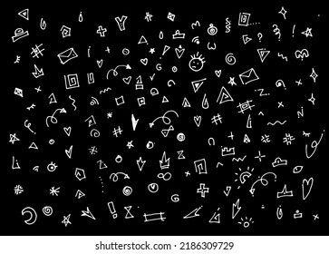 A set with various abstract different doodle elements. Vector set of geometric shapes with white contour elements on black for your design template. Monochrome illustration in Memphis style.
