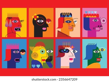 Set of various abstract face people portraits geometric, decorative and shapes colorful vector illustration.