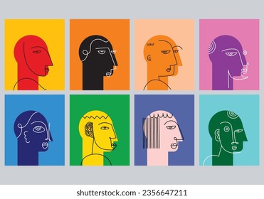 Set of various abstract face people portraits geometric, decorative and shapes colorful vector illustration.