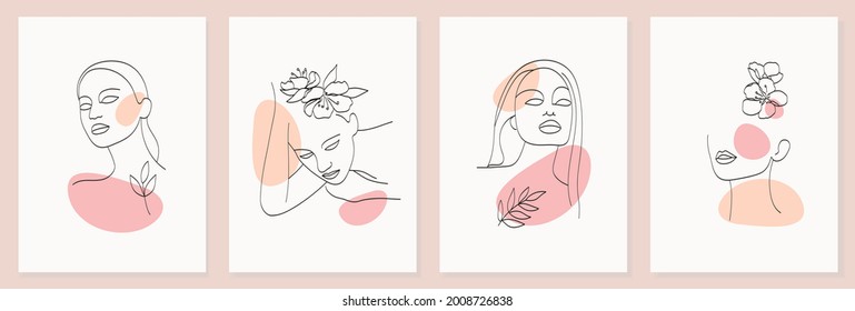 A set of various abstract faces and shapes with flowers. Portrait of a woman in a fashionable minimalism style, outline with a black line. Vector for a poster, cover, flyer or wall decor.
