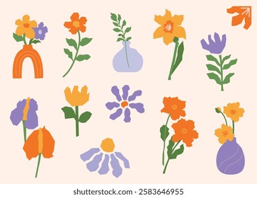 A set of various abstract flowers and leaves in warm orange, yellow, and purple tones on a light background in trendy abstract floral style