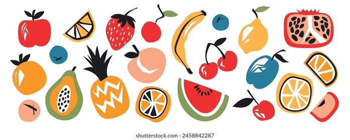 Set of various abstract fruits and berries. Contemporary trendy vector illustration. Fruit collection design for interior, poster, cover, banner. All elements are isolated.