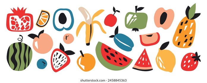 Conjunto de varias frutas y bayas abstractas. Ilustración vectorial contemporánea de moda. Diseño de colección de frutas para el interior, póster, cubierta, Anuncio. Todos los Elementos están aislados.