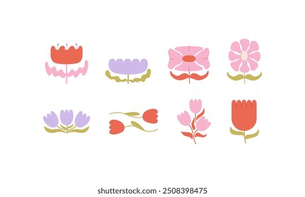 Set of various abstract geometric flowers. Vector flat background of daisy flower icons in retro groovy style
