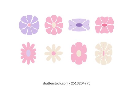 Conjunto de várias flores hippies geométricas abstratas. Ilustração plana vetorial em estilo groovy retrô