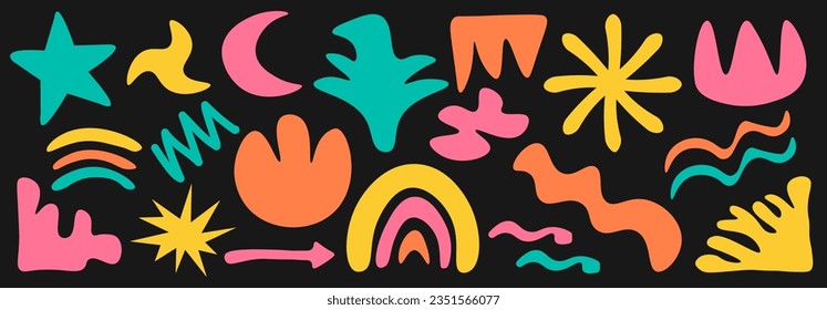 Set of various abstract geometric shapes, bright color. Stars, arrows, waves, zigzags. Playful and fun, trendy retro 90s cartoon style. Vector illustration