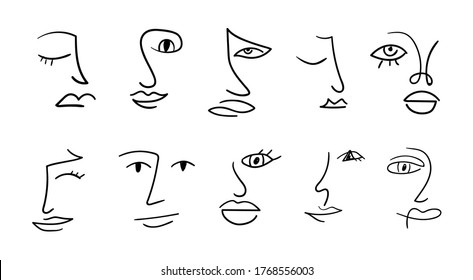 Set aus verschiedenen abstrakten, handgezeichneten Gesichtern. Moderne Kollektion mit einer Linie, in der Frauen und Männer gesichtet werden. Porträt im minimalistischen Stil. Moderne, kontinuierliche Linienkunst.