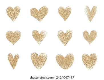 Establece varios resplandores de oro dibujados a mano y corazones grunge texturados. Concepto de San Valentín. Plantilla para la decoración de tarjetas, carteles, pancartas, papel pintado, invitación, portada