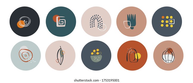 Set of various abstract highlight cover stories for Instagram. Round icons for social media. Hand drawing of dots, lines, patterns, spots, geometric shapes and objects.