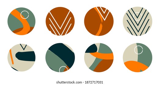 Set of various abstract highlight cover stories for social media. Round icons for social media. Hand drawing of dots, lines, patterns, spots, geometric shapes and objects.