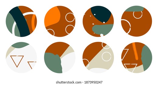 Set of various abstract highlight cover stories for social media. Round icons for social media. Hand drawing of dots, lines, patterns, spots, geometric shapes and objects.