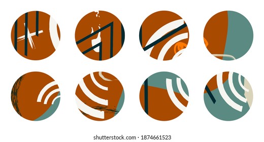 Set of various abstract highlight cover stories for social media. Round icons for social media. Hand drawing of dots, lines, patterns, spots, geometric shapes and objects.