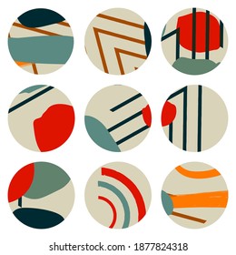 Set of various abstract highlight cover stories for social media. Round icons for social media. Hand drawing of dots, lines, patterns, spots, geometric shapes and objects.