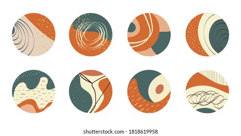 Set of various abstract instagram story highlight covers. Different hand drawn shapes, lines, doodle objects in boho style. Round icons for social media stories and blog