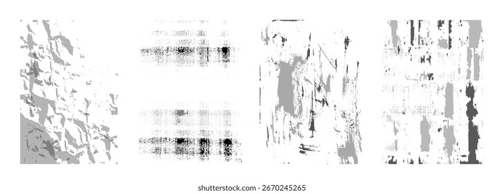 Set of various abstract isolated grunge textures. Rough scratches, crumpled paper, dirty stains, dust, noise and distressed details. Vector texture, overlay effect.