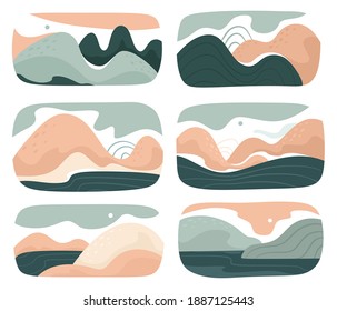 Eine Reihe abstrakter Landschaften. Berge, Hügel, Flüsse, Landschaften, Hintergründe. Cutout-Stil. Vektorhintergründe.