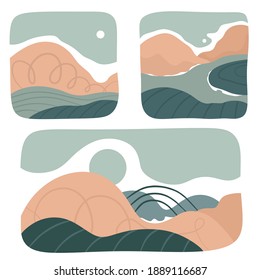 Conjunto de paisajes abstractos. Montañas, colinas, ríos, paisajes, fondos. Iconos cuadrados, insignias. Estilo de corte. Fondos vectores.