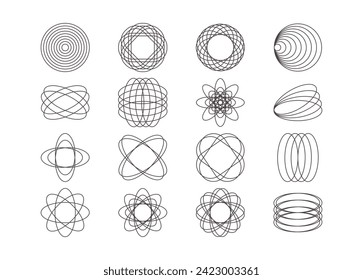 Set of various abstract monochrome geometric figures vector Contemporary artwork Swiss design aesthetic For poster invitation social media Graphic elements. Spiral, flower, star,