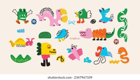 Set of Various abstract outline Animals. Hand drawn trendy Vector illustration.  Cute abstract characters. Cartoon trendy unique style.Funny comic creatures.