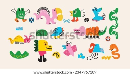 Set of Various abstract outline Animals. Hand drawn trendy Vector illustration.  Cute abstract characters. Cartoon trendy unique style.Funny comic creatures.