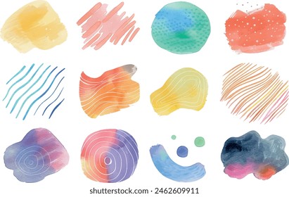 Set of various abstract pastel watercolor brushstrokes isolated on white