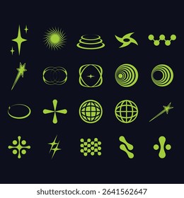 Set of various abstract shapes in a bright lime green color against a deep navy blue background. The shapes are geometric and diverse in form, suggesting different symbolic representations 