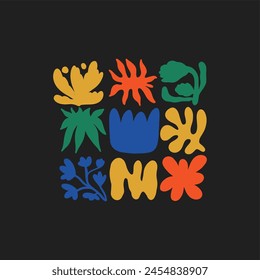 Set of various abstract shapes and colors. Hand drawings. Modern fashion illustration. Flat design, cartoon drawing, vector.