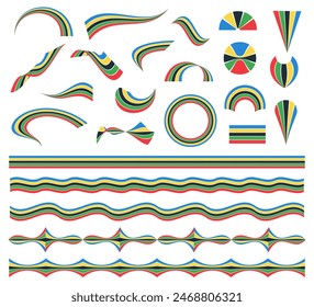 Set of various abstract shapes - colors stripes, ribbons, flags, curves, waves, lines, rainbow. Colorful creative graphic design elements