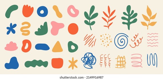 Conjunto de diferentes formas abstractas, garabatos y plantas. Doodles dibujados a mano. Ilustración moderna de la moda contemporánea. Diseño plano, dibujos a mano, vector.