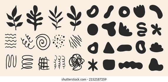 Conjunto de diferentes formas abstractas, garabatos y plantas. Doodles dibujados a mano. Ilustración moderna de la moda contemporánea. Diseño plano, dibujos a mano, vector.