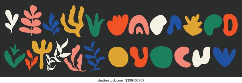 Conjunto de diferentes formas abstractas, garabatos y plantas. Doodles dibujados a mano. Ilustración moderna de la moda contemporánea. Diseño plano, dibujos a mano, vector.