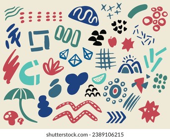 Set of various abstract shapes, doodles and plants. Hand drawn doodles. Modern contemporary fashion illustration. Flat design, hand drawn cartoon, vector