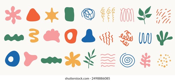 Set of various abstract shapes, doodles and plants. Hand drawn doodles. Modern contemporary fashion illustration. Flat design, hand drawn cartoon, vector.