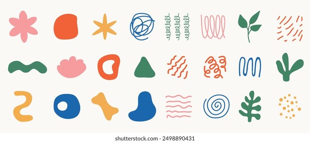 Set of various abstract shapes, doodles and plants. Hand drawn doodles. Modern contemporary fashion illustration. Flat design, hand drawn cartoon, vector.