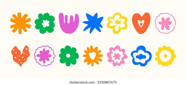 Set of various abstract shapes, doodles and plants. Modern simple geometric figures and floristic decorative elements. Vector colorful collection.