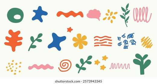 Set of various abstract shapes, doodles and plants. Hand drawn doodles. Modern contemporary fashion illustration. Flat design, hand drawn cartoon, vector illustration