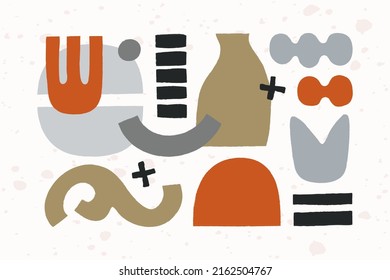 Set of various abstract shapes isolated on white backdrop. Stylized flat items for design. Trendy minimalists horizontal cover design. Modern vector illustration for marketing, poster, card, decor.