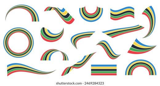 Conjunto de varias Formas abstractas - rayas multicolores, cintas, banderas, curvas, ondas, líneas, arco iris. Elementos de Diseño gráfico coloridos con símbolos de campeonato deportivo internacional