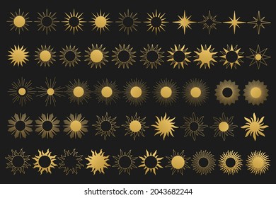 Set of various abstract sun. Set of boho sun icons. Golden gradient color. Wicca, alchemy, mystical, magic, celestial, esoteric, sacred, spiritual, occultism inspired concept. Hand drawn vector.