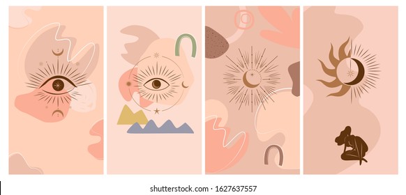 Set of various abstract vertical background for mobile app and social media content with abstract shape, esoteric symbol,  Eye of Horus and female body silhouette minimalist style. Vector Illustration