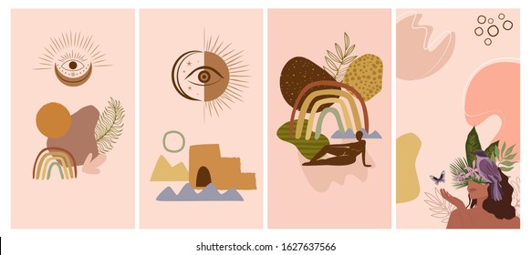 Set of various abstract vertical background for mobile app and social media content with abstract shape,esoteric symbol,  Eye of Horus and paradise woman portrait minimalist style. Vector Illustration